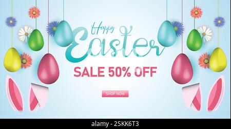 Easter Sale Web Banner, Spring Discount Promotion Design. Festive Easter Promotion Template. Easter Discount Header, Bright Holiday Marketing Banner Stock Vector