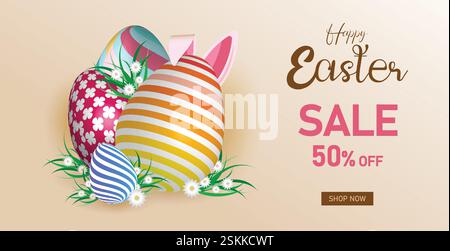 Easter Sale Web Banner, Spring Discount Promotion Design. Festive Easter Promotion Template. Easter Discount Header, Bright Holiday Marketing Banner Stock Vector