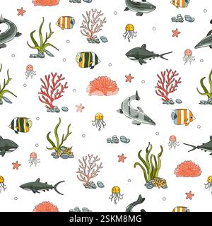 Vector seamless pattern Illustration Seaweed Coral reef stone plant Fish. Underwater world of ocean, sea. Seabed animals. Undersea creatures at sea bo Stock Vector