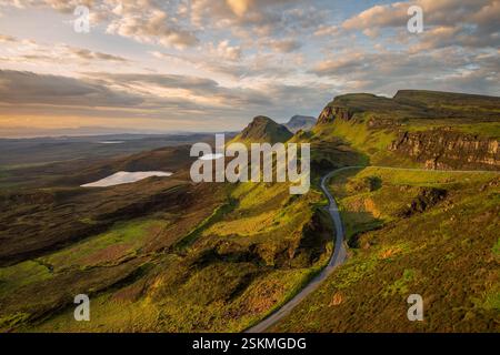 Beautiful cloudy sky over an impressive view of The Quiraing on The Isle of Skye, Scotland, UK. Stock Photo