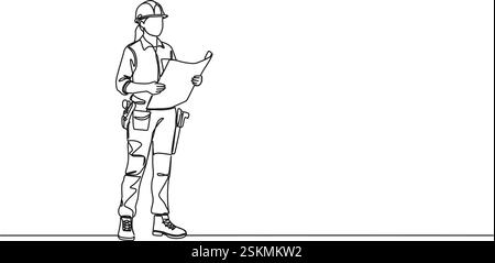 continuous single line drawing of female construction worker or civil engineer holding construction plan, line art vector illustration Stock Vector