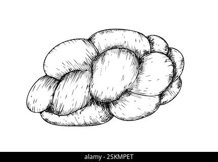 Vector bread braid. Graphic ink loaf food, bakery baget, pastry grain, cereal cake. Bun illustration isolated on background. Hand drawn line sketch Stock Vector