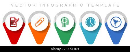 Education pointer collection, miscellaneous icons such as register, attach, head, clock and navigation arrow, flat design vector infographic template Stock Vector