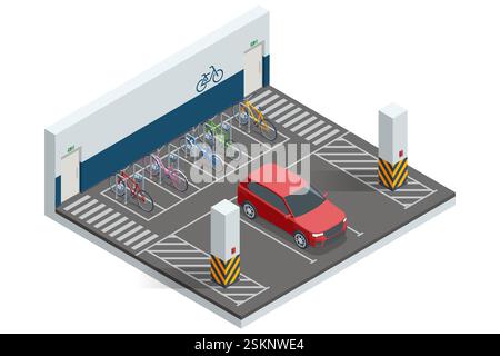 Isometric indoor parking facility with designated bicycle racks and a red car. The space is structured with road markings, pedestrian crossings, and Stock Vector