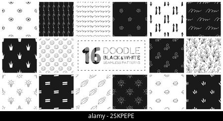 16 Doodle seamless patterns collection. Stock Vector