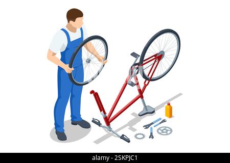 An isometric illustration of a man in blue overalls replacing a wheel on a red bicycle. The bike is upside down with various repair tools scattered Stock Vector