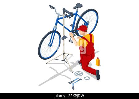 An isometric illustration of a bike mechanic in red overalls repairing a blue bicycle on a stand. Various tools and bike parts are organized around. Stock Vector