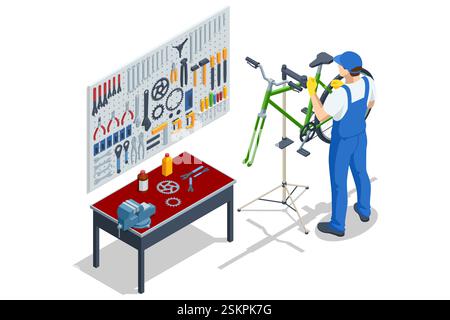 An isometric illustration of a bicycle mechanic wearing gloves and fixing a green bike on a repair stand in a workshop. A workbench with tools is Stock Vector