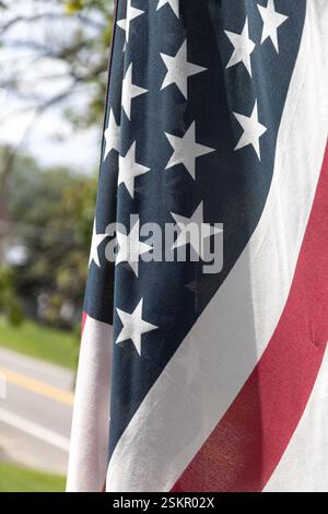 Beautiful USA flag on summer day. Trees blurred in background. Liberty for all! Stock Photo