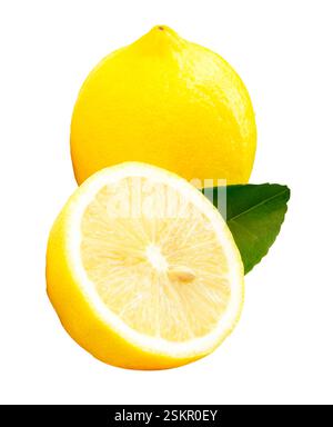 Yellow lemon fruit with half and green leaves in heap is isolated on white background with clipping path. Stock Photo