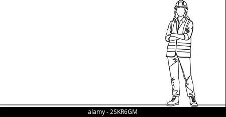 continuous single line drawing of female construction worker or civil engineer wearing reflective vest, line art vector illustration Stock Vector
