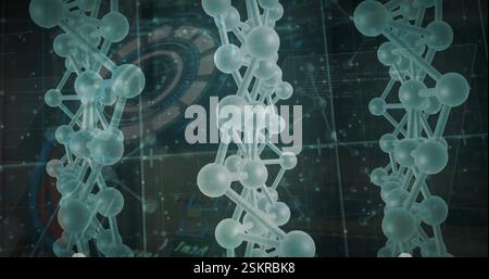 Image of molecules and dna strand over data processing with scope scanning on black background. Global science, connections and digital interface conc Stock Photo