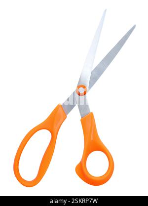 Inclined medium open multipurpose scissors with orange handle is isolated on white background with clipping path. Stock Photo