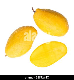 Top view set of two ripe yellow mangoes with half and water drops is isolated on white background with clipping path. Stock Photo
