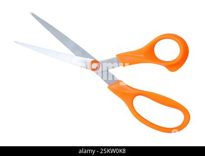 Inclined medium open multipurpose scissors with orange handle is isolated on white background with clipping path. Stock Photo
