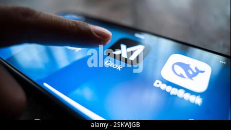 February 12, 2025: New Delhi, India. 12 February 2025 : In this photo illustration Grok, an AI chatbot by xAI, ChatGPT, Deepseek app icons seen in an iPhone screen. Generative AI and modern chatbot tech concept. (Credit Image: © David Talukdar/ZUMA Press Wire) EDITORIAL USAGE ONLY! Not for Commercial USAGE! Stock Photo