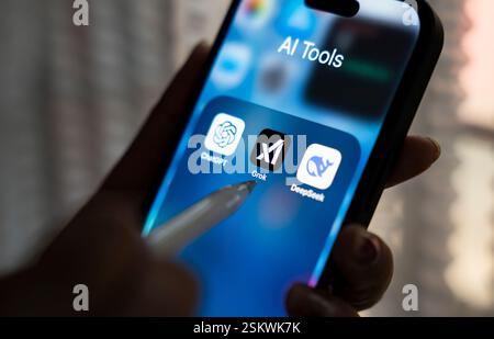 February 12, 2025: New Delhi, India. 12 February 2025 : In this photo illustration Grok, an AI chatbot by xAI, ChatGPT, Deepseek app icons seen in an iPhone screen. Generative AI and modern chatbot tech concept. (Credit Image: © David Talukdar/ZUMA Press Wire) EDITORIAL USAGE ONLY! Not for Commercial USAGE! Stock Photo