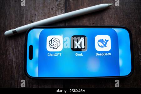 February 12, 2025: New Delhi, India. 12 February 2025 : In this photo illustration Grok, an AI chatbot by xAI, ChatGPT, Deepseek app icons seen in an iPhone screen. Generative AI and modern chatbot tech concept. (Credit Image: © David Talukdar/ZUMA Press Wire) EDITORIAL USAGE ONLY! Not for Commercial USAGE! Stock Photo