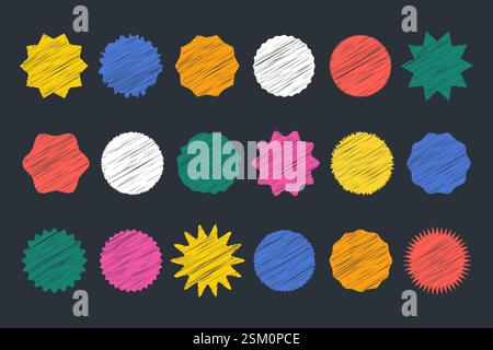 Crayon hand drawing star in cute kid style, Retro coloring child geometric shapes. Vector illustration of signs and stamps or speech bubbles Stock Vector