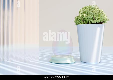 Easter decoration with colorful egg and plant in vase on striped surface made of shadows and glass. 3D rendering Stock Photo