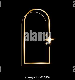 Star glare golden arch geometric frame shape, Vector golden minimalist y2k frame border on black Stock Vector