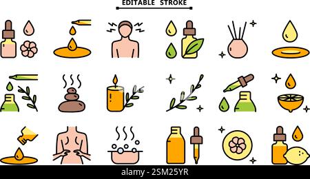 Essential oils aromatherapy icons set. Editable stroke. Collection of essential oils perfume. Vector signs for web design isolated on white background Stock Vector