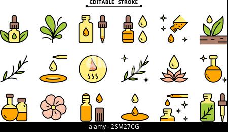 Essential oils aromatherapy color icons set. Editable stroke. Outline collection of essential oils perfume. Vector logo symbols for website design, mo Stock Vector
