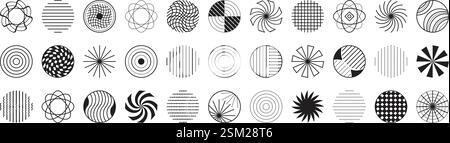 Black line and dotted circle set, monochrome round shapes, vector abstract radial forms Stock Vector