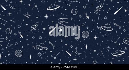 Space star galaxy vector seamless pattern. Hand drawn doodle sketch line style galaxy planet star, rocket, moon cute sky background. Space planet kid doodle universe pattern. Vector illustration Stock Vector
