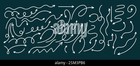 Simple White linear Directional Arrows Doodles on Dark Background. Lines Sign Directions Right Left Down Curved Backward Collection. Isolated Vector H Stock Vector