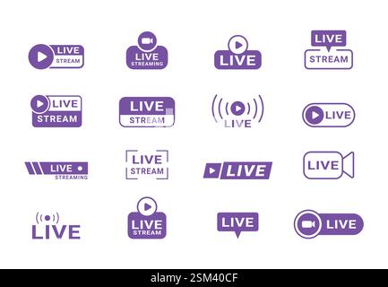 Set of isolated icons for streaming, live broadcast, blog, television, shows, live performances, news and various video content. Vector illustration Stock Vector