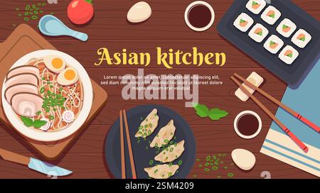 Asian kitchen food background with sushi, ramen, dumplings and ingredients. Stock Vector