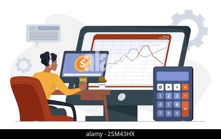 Woman analyzing financial data on computer screen. Stock Vector