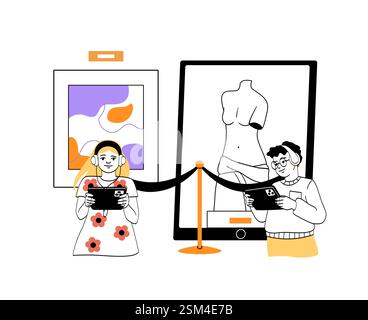 Digital museum experience with two visitors using tablets. Stock Vector