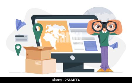 Logistics tracking concept with man using binoculars. Stock Vector
