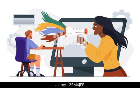 Woman communicating online through a megaphone with a man at a desk. Stock Vector