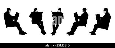 Vector concept conceptual  silhouette men reading the  newspaper while social distancing as means of prevention and protection against coronavirus Stock Vector