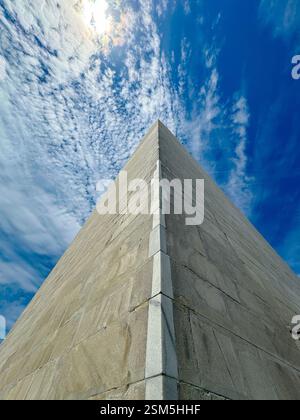 Washington DC, USA - 30 May 2024: Low angle close up view looking up the Washington Monument in Washington DC with a dramatic blue sky Stock Photo