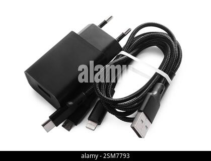 USB power adapter and triple charge cable isolated on white Stock Photo