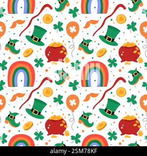 St Patricks Day vector pattern. Leprechauns hat, shamrocks, lucky coins, pot of gold and rainbow. Cute seamless background with Saint Patricks Day sym Stock Vector