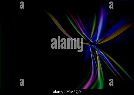 abstract background black, colorful luminous neon colors, 3d light streaks, dynamic motion upwards, and downwards, ornamental ribbons right side, copy Stock Photo