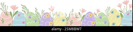 Pastel Easter Eggs and Spring Flowers Border Illustration for Holiday Banners and Invitations Stock Vector