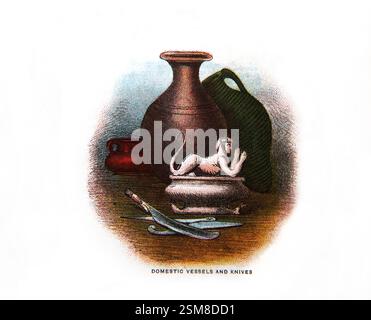 Illustration of Domestic Vessels and Knives used during Biblical Times from Antique 19th Century Holy Bible Stock Photo