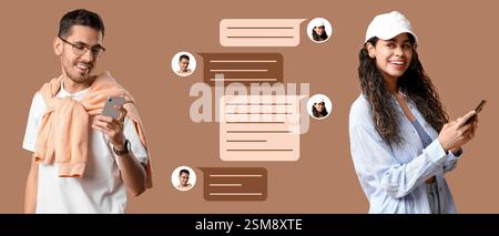 Young couple chatting on beige background Stock Photo