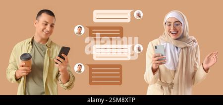 Young couple chatting on beige background Stock Photo