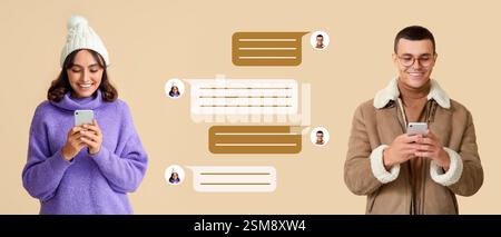 Young couple chatting on beige background Stock Photo