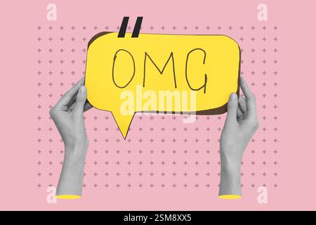 Hands holding speech bubble with word OMG on pink background Stock Photo