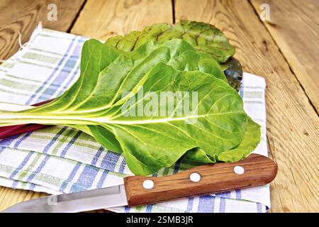 A beam of red and yellow chard, knife, napkin on a wooden boards background Stock Photo