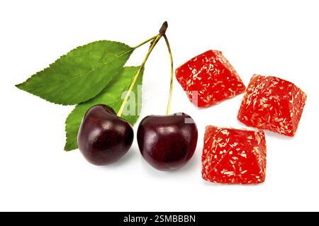 Three red jelly with two cherries and green leaves isolated on white background Stock Photo
