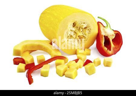 Cut the yellow squash and red bell peppers isolated on white background Stock Photo